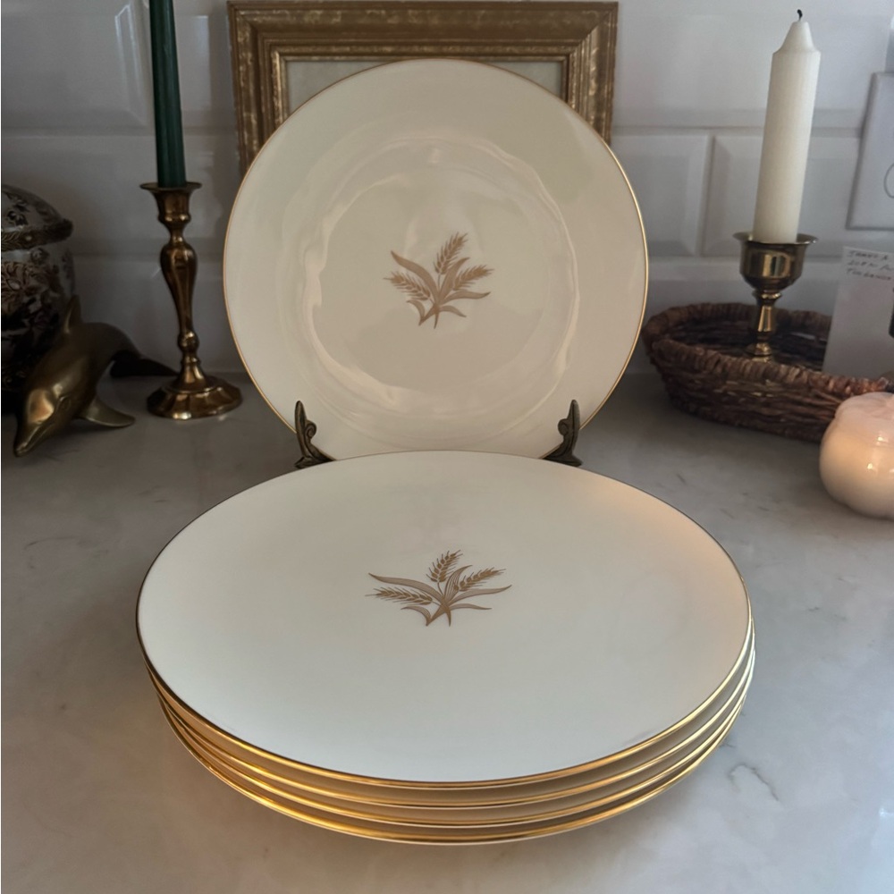 Vintage Wheat by Lenox R-442 Dinner Plates w/24k Gold Trim 1930s Set of 5